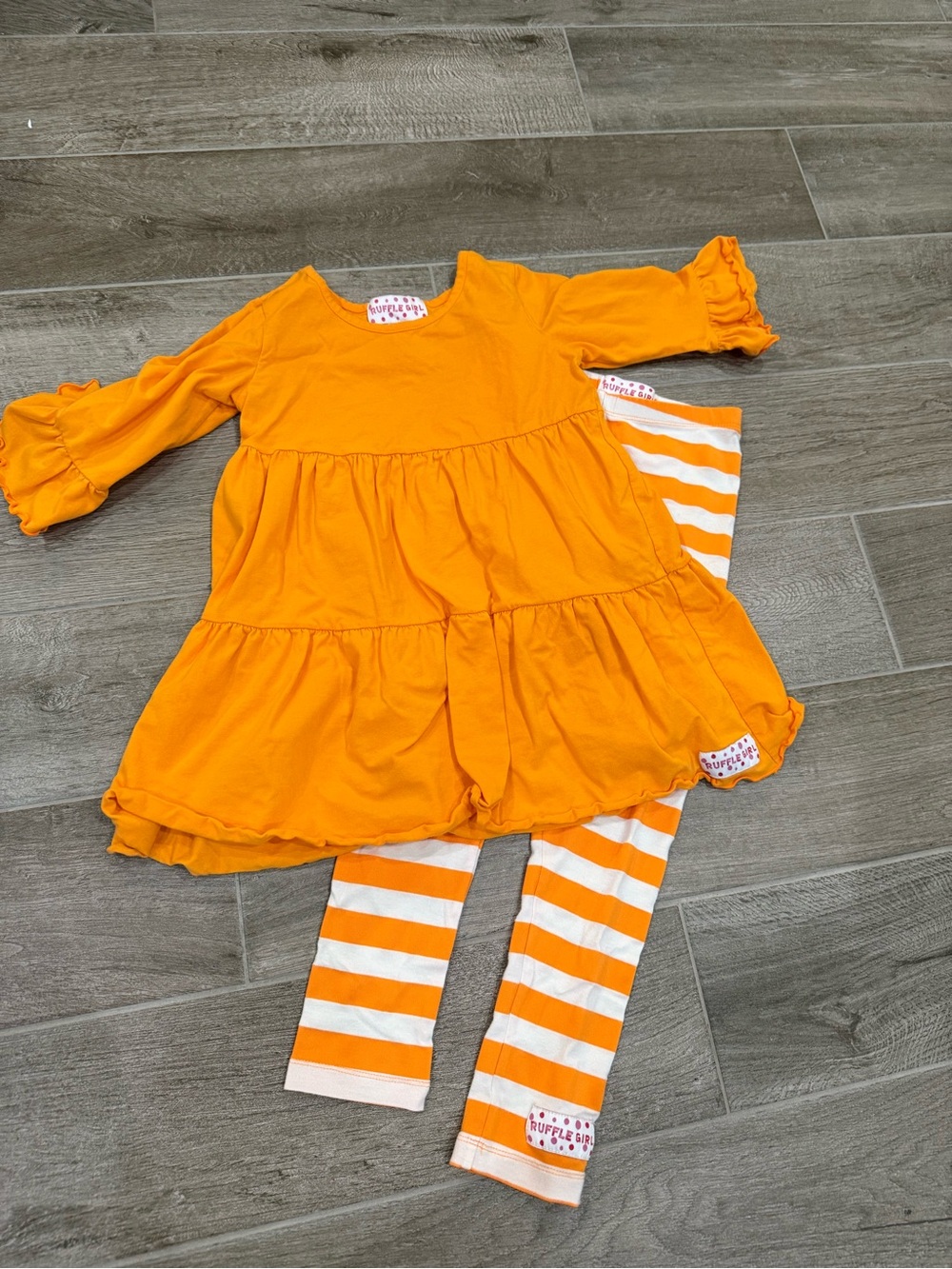 Ruffle Girl - Girls Orange Tiered Tunic & Striped Leggings Set